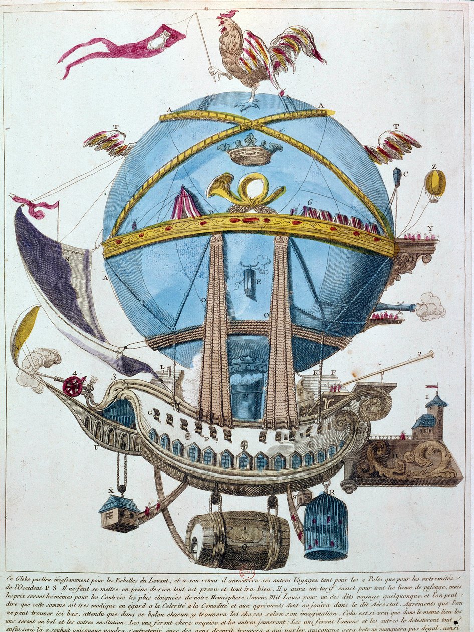Bir balondaki yolculuğun temsili, 18. yüzyılın hicivli gravürü. by Unknown artist