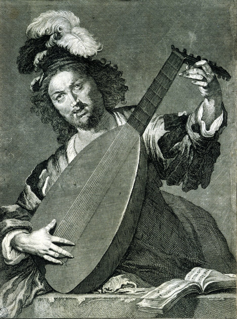 Enstrümanını akort eden bir ud oyuncusunun temsili. by Unknown artist