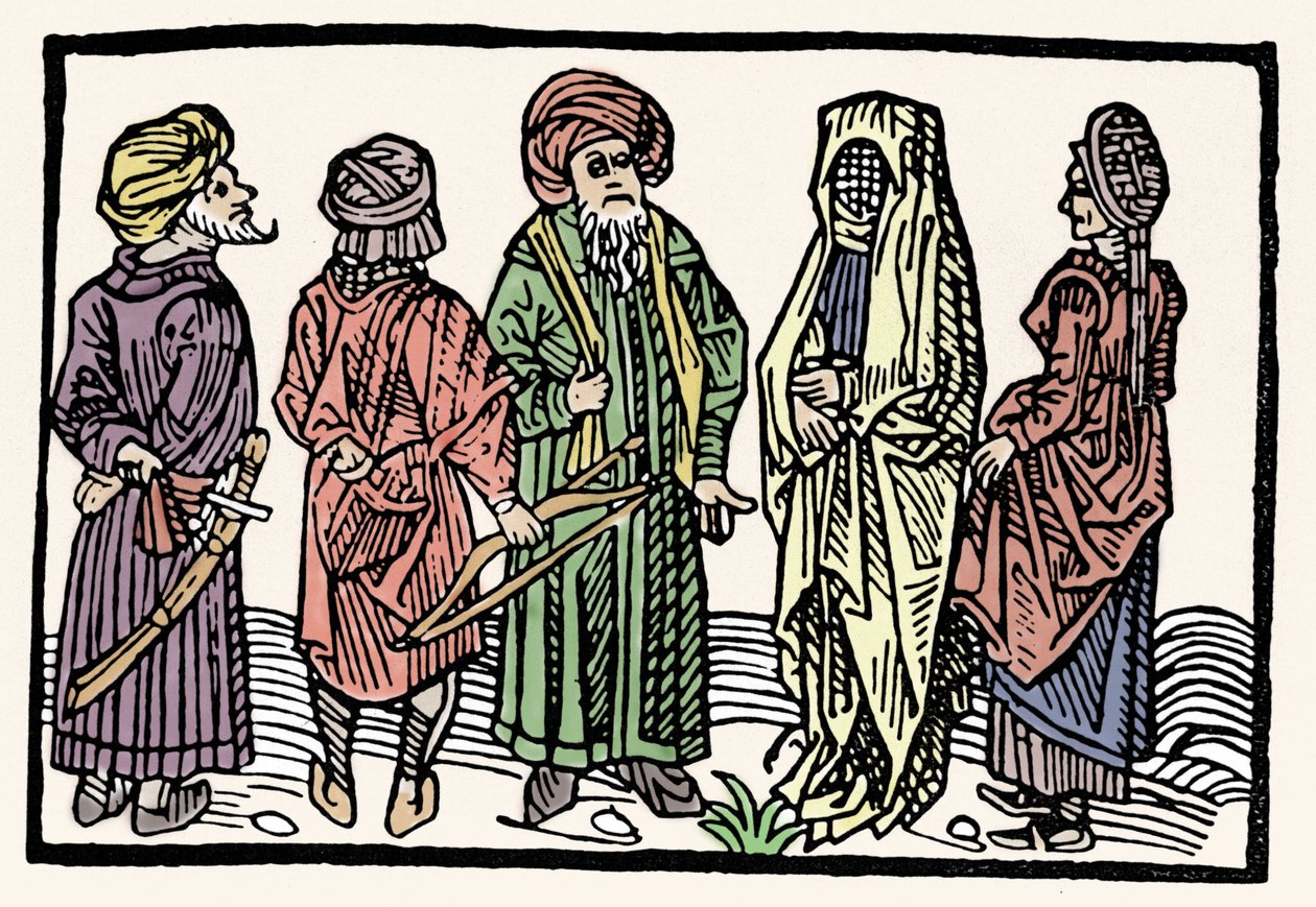 Karabuğday temsili. Kolları birbirine dolanmış kafalı erkekler ve peçeli kadınlar. 15. yüzyılın ksilografisi by Unknown artist