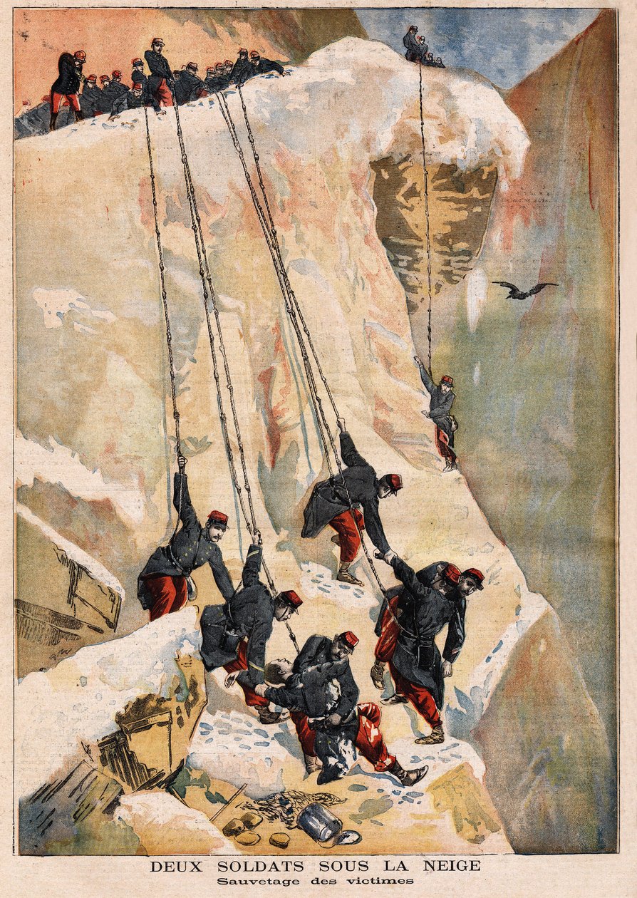 97. hat alayının 2 askerinin bir sınır gözetim görevinde kurtarılması, bahar karlarının erimesinin neden olduğu çığ kurbanları. “” Le petit dergisinde” gravür 14/05/1894. Selva