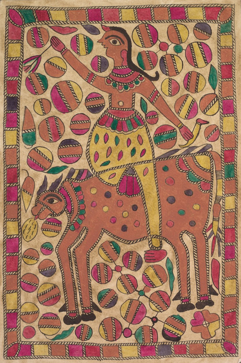Renkli karelerin kenarlığı olan binici ve dört ayaklı sığır yaratık by Unknown artist