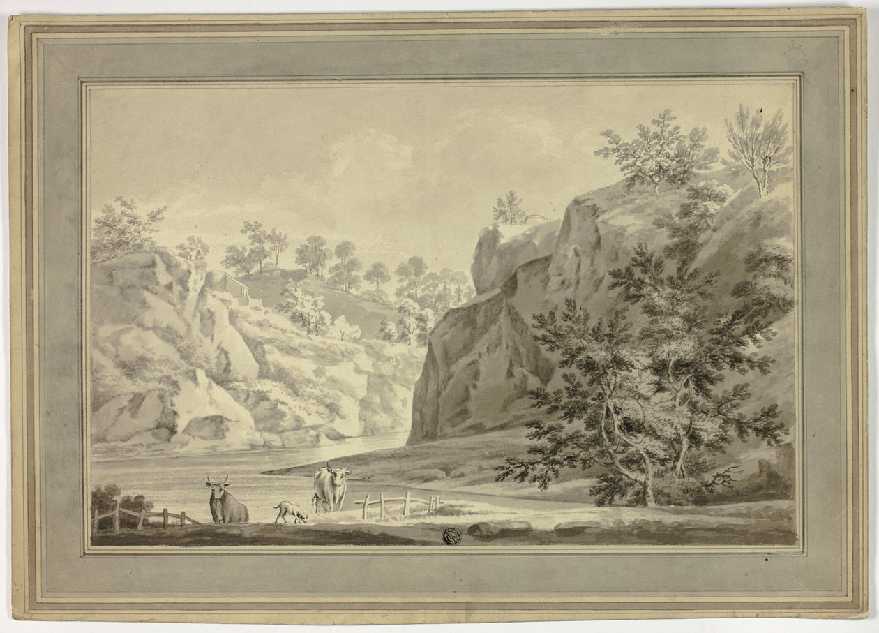 İnekler ve Köpek Ön Planda Nehir Manzarası by Unknown artist