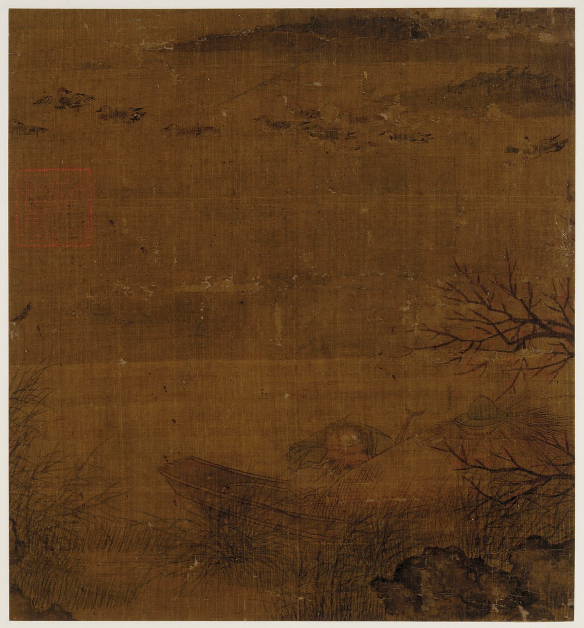 Nehir sahnesi: bir teknede uyuyan bir adam - yüzen ördekler by Unknown artist