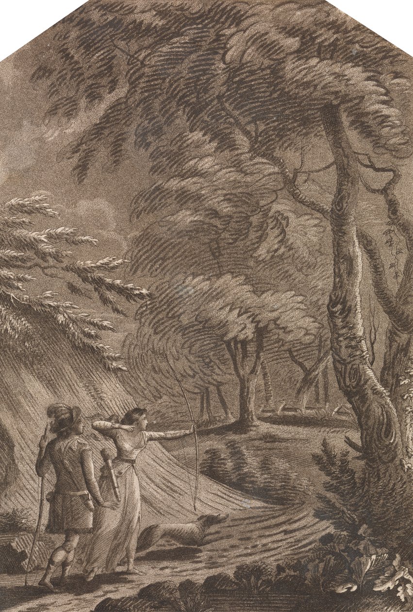 Robin Hood ve Clarinda ormanlık bir arazide geyik avlıyor by Unknown artist