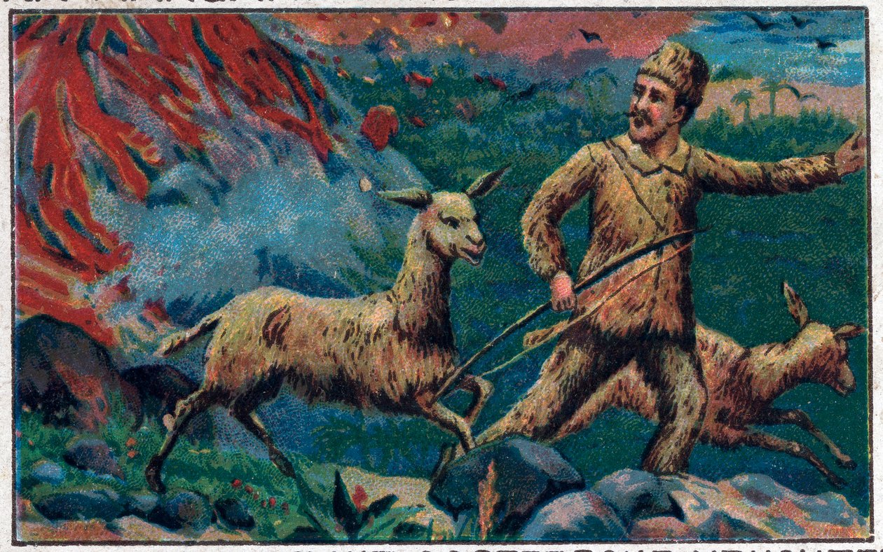 Robinson volkanik bir patlamadan kaçar. Daniel Defoe (De foe) “” Robinson Crusoe”” kitabı için illüstrasyon. 19. yüzyılın sonlarında kromolitografi. by Unknown artist