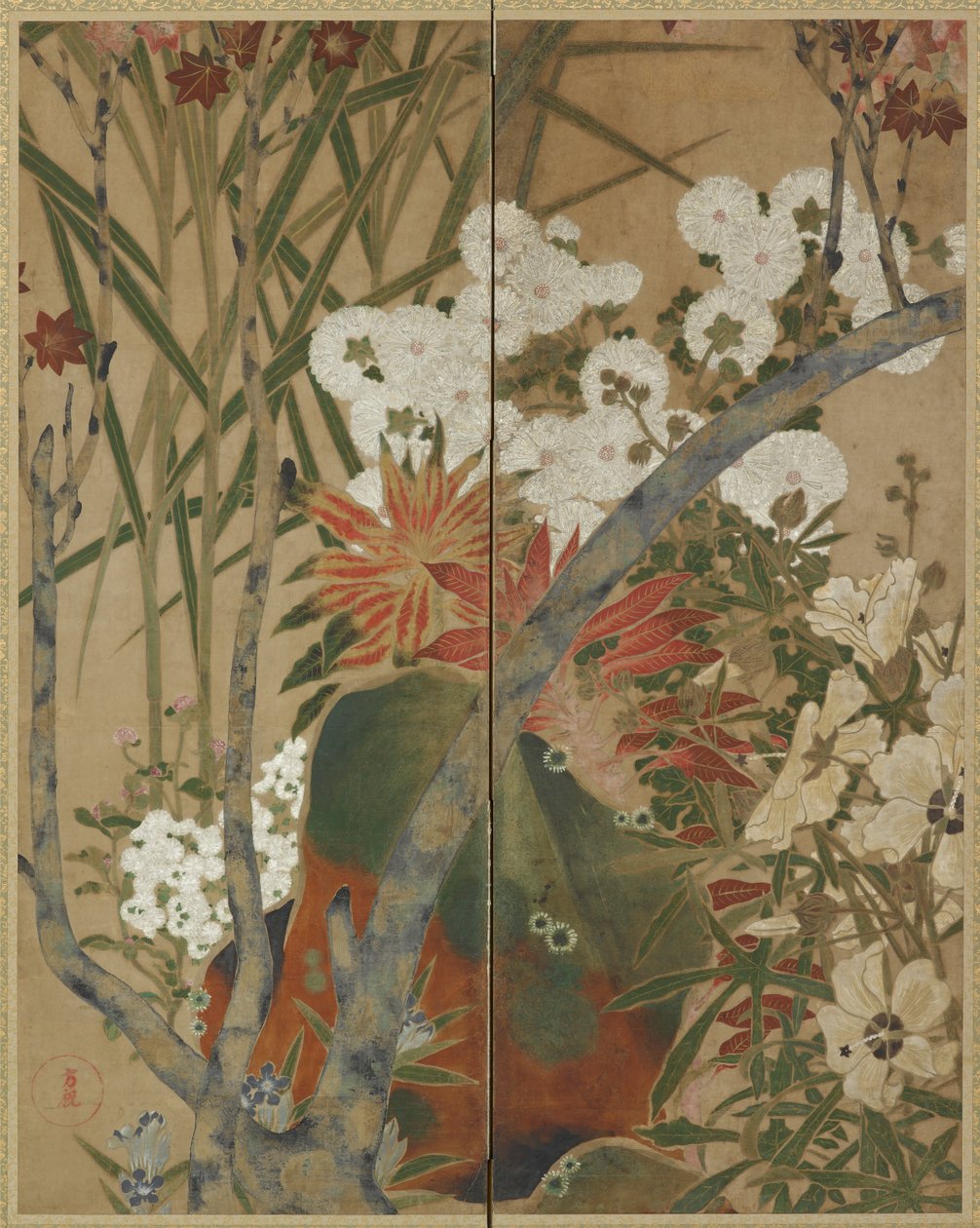 Kaya, fidan ve sonbahar çiçekleri by Unknown artist