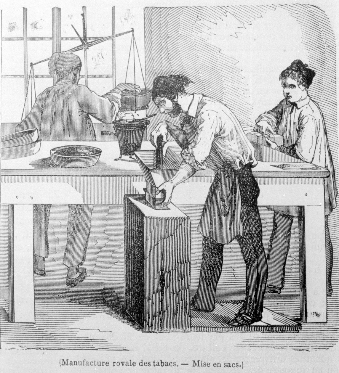 Kraliyet Tütün İmalatı: tütün torbası. 19. yüzyıl gravürü. by Unknown artist