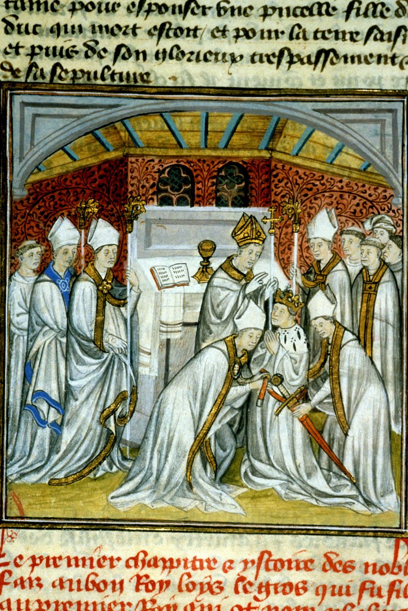 Sacre of Louis VI (1108) - 14. yüzyılın sonlarına ait ““Büyük Saint-Denis Chronicles of Saint-Denis”” Orta Çağ velini üzerine el yazmasının aydınlatılması (ref.512 by Unknown artist
