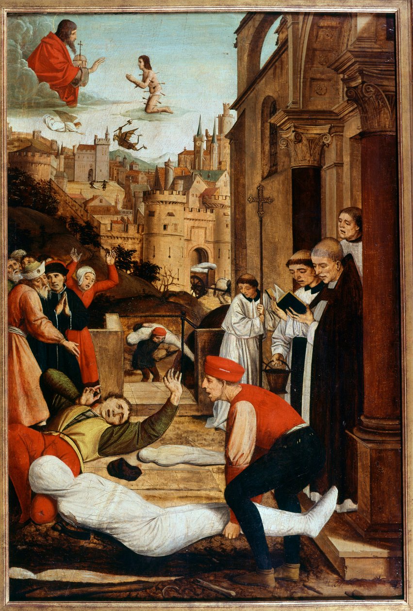 Saint Francois, cesetlerin gömülmesi sırasında veba salgını sırasında dua ediyor. anonim resim by Unknown artist
