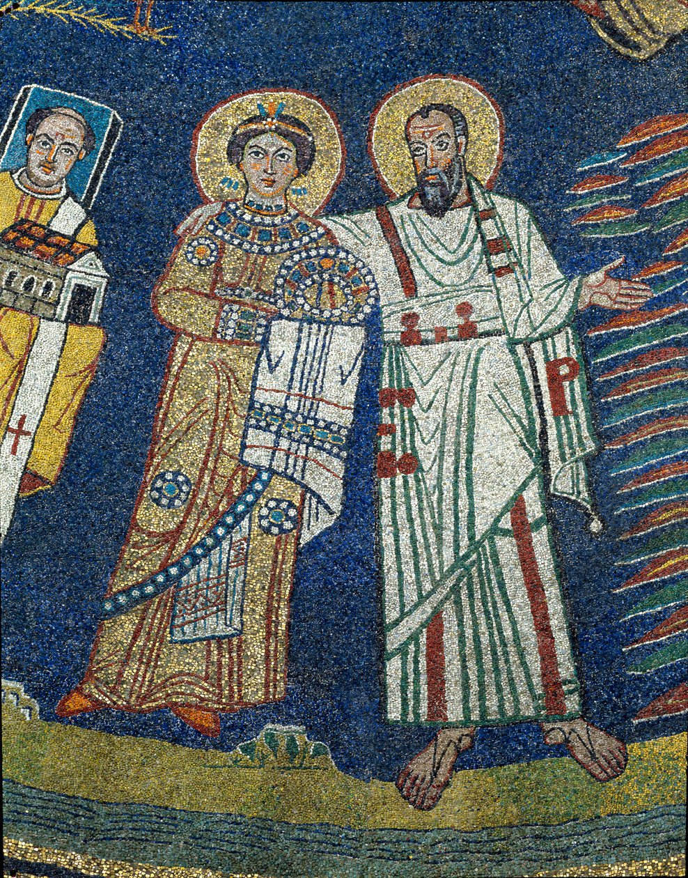 Saint Praxede (Prassede) ve Saint Paul Detayı. 830 civarında anonim mozaik. Santa Prassede Bazilikası