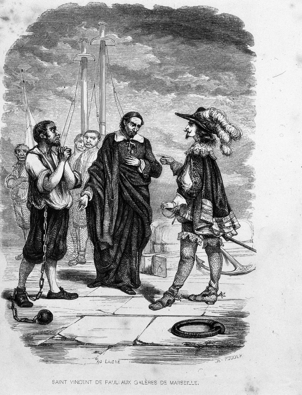 Saint Vincent de Paul, Marsilya kadırgalarında bir memurla bir hükümlü lehine aracılık ediyor - “” Les Bagnes: histoire, types, mores, mystique”, Maurice Alhoy, ed. Gustave Havard by Unknown artist