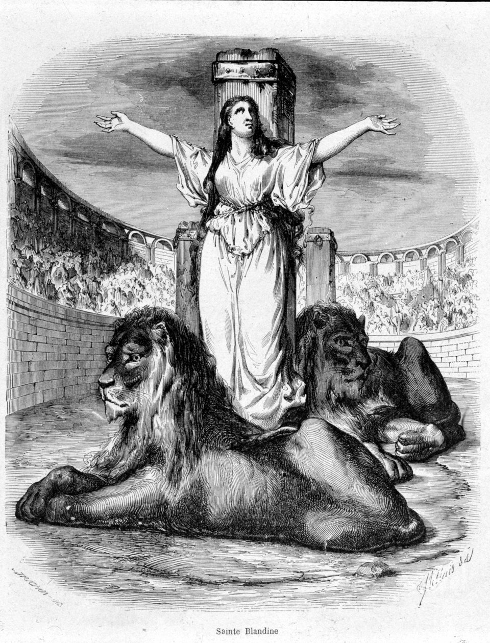 Sainte Blandine arenada, ayaklarının dibinde yatan aslanlar (Lyon