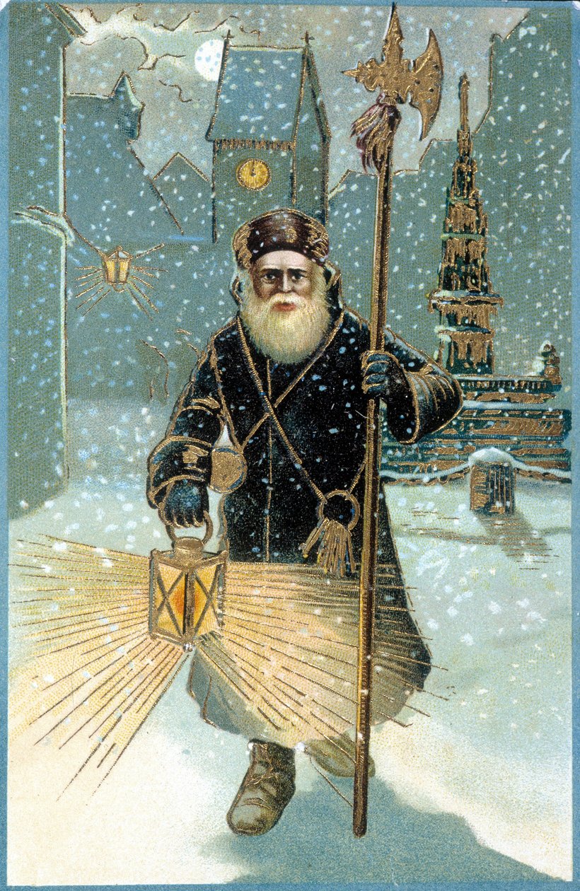 Noel Baba fener ile gece. 19. yüzyıl kartpostal. by Unknown artist
