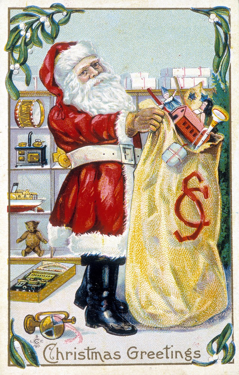 Noel Baba hediyeler - Noel kartı hazırlıyor. Amerikan tebrik kartı sd. 19. yüzyılın sonlarında. by Unknown artist