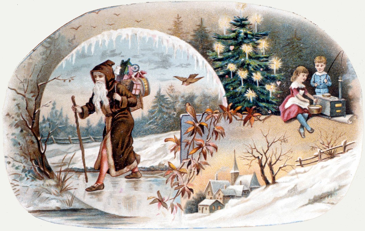 Noel Baba çocuklara hediyeler getirir. 19. yüzyılın sonundan kromolitograf. by Unknown artist