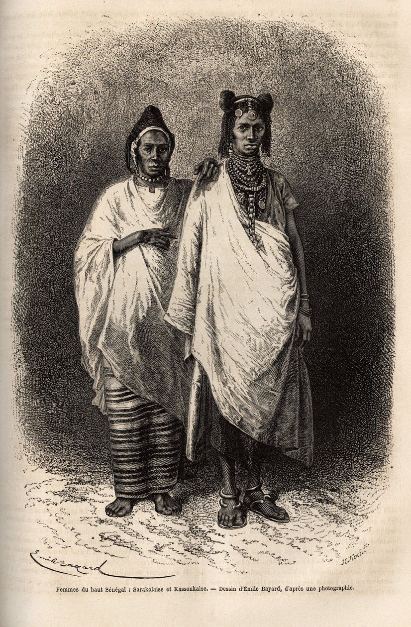 Sarakolese ve Kassonkese kadınları, Yukarı Senegal nüfusu, geleneksel giysiler içinde. 1868