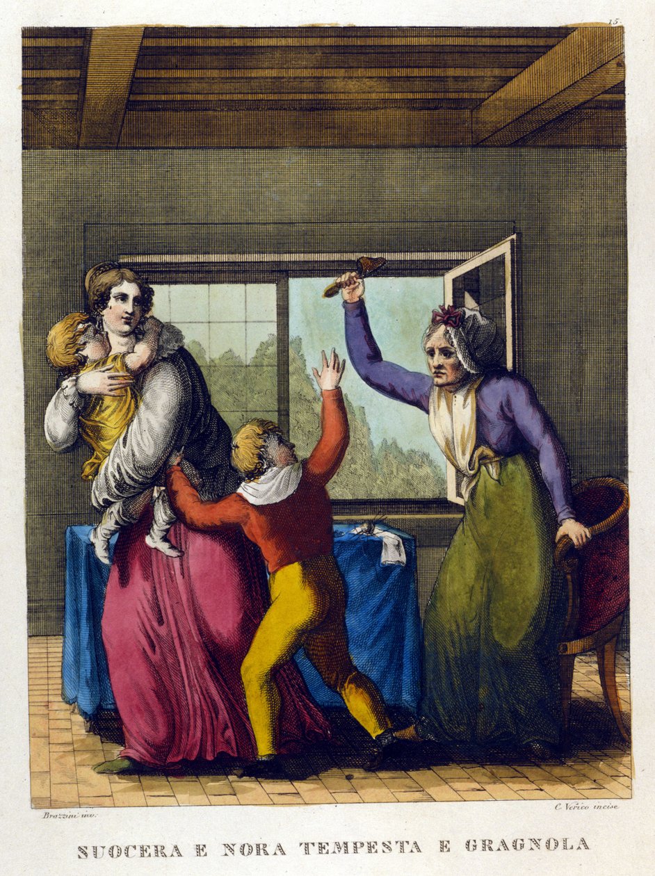 Atasözü: “” Güzel anne ve kızı, tempete ve grele””. 18. yüzyıl atasözleri koleksiyonundan bir illüstrasyon. by Unknown artist