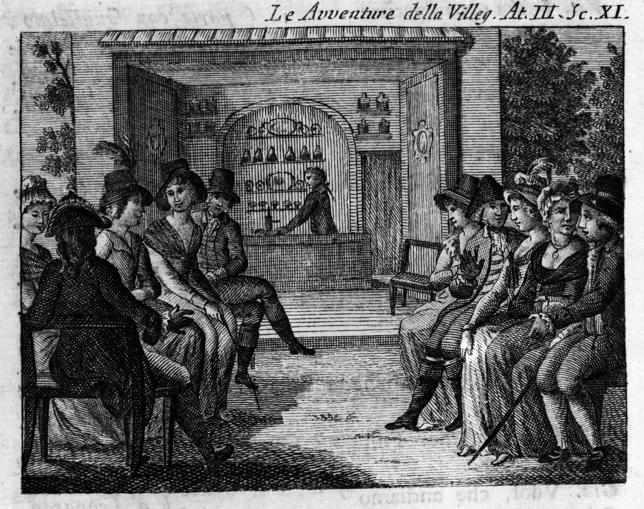 Carlo Goldoni'nin (1707-1793) “Avventure della villeggiatura” (Şehrin Maceraları) (1756) adlı çizgi romanının III. Perdesinin 11. sahnesi. 18. yüzyılın gravürü by Unknown artist