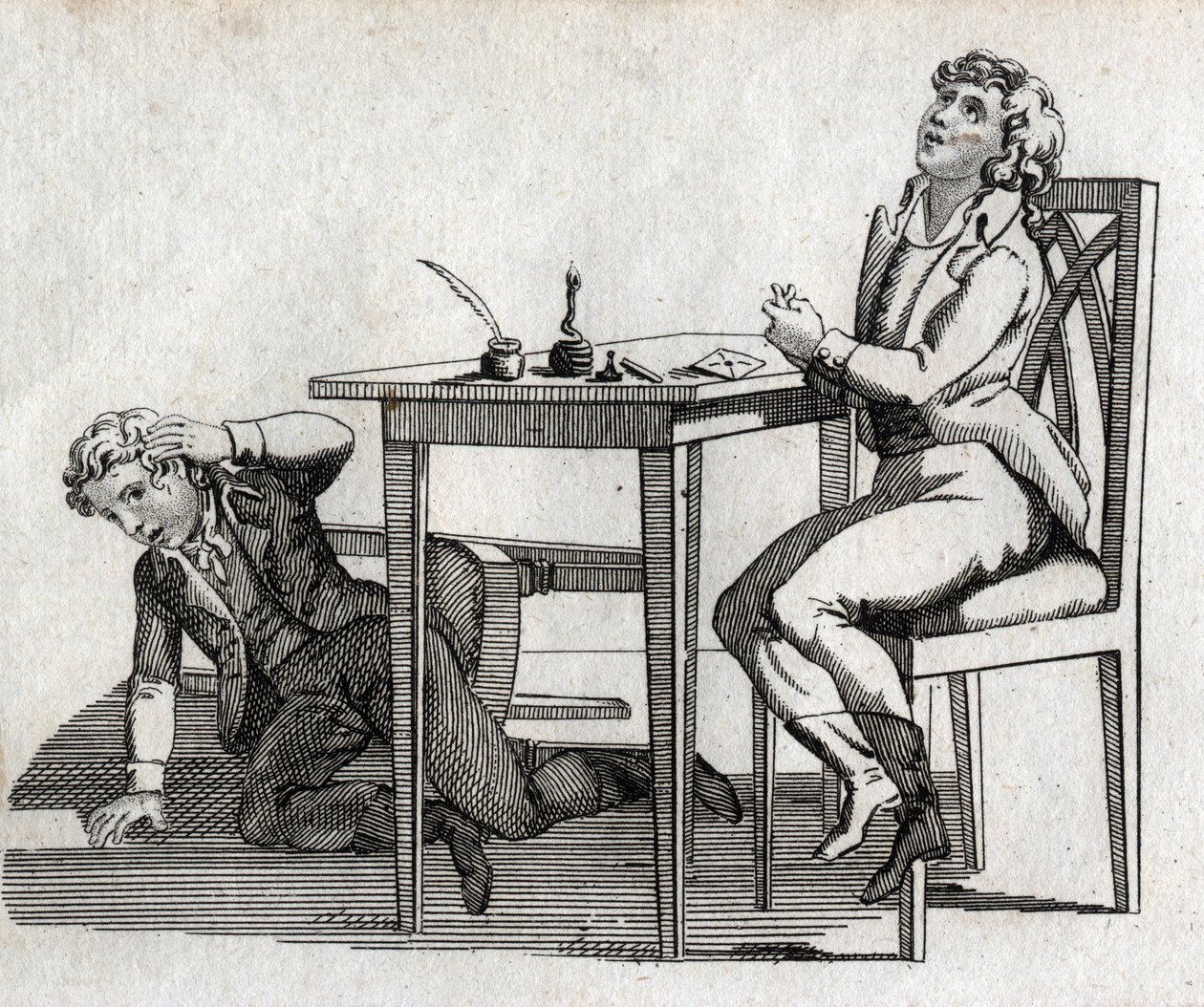 Okulların mürekkepli bir masası var. 18. yüzyılın sonlarında gravür. Özel koleksiyon. by Unknown artist