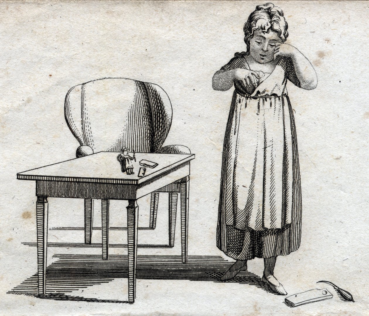 Kız öğrenci ödevini yapmak istiyor. 18. yüzyılın sonlarında gravür. Özel koleksiyon. by Unknown artist