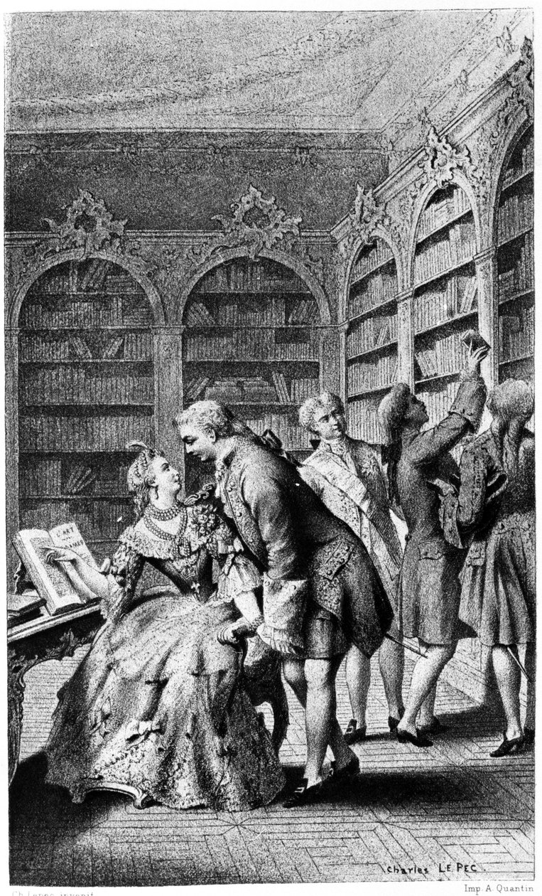 18. yüzyılda bir kütüphanede baştan çıkarma sahnesi. by Unknown artist