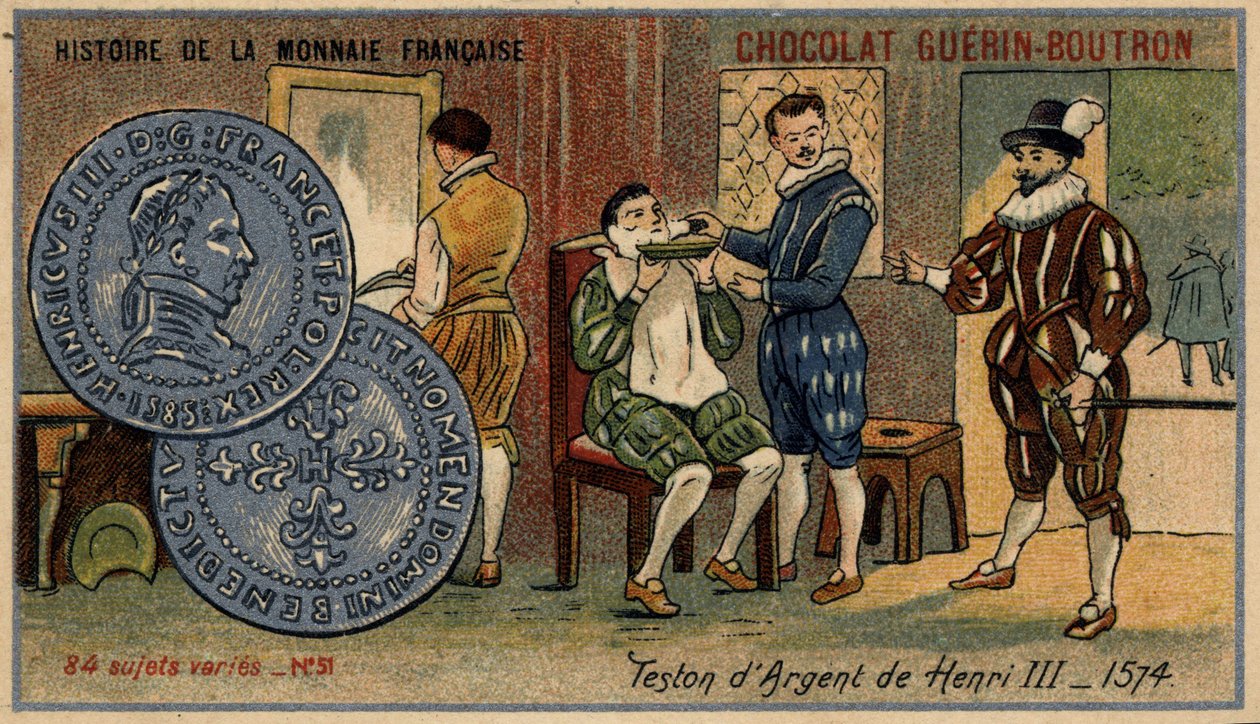Chocolat Guérin Boutron tarafından yayınlanan Fransız Para Biriminin Seri Tarihi. 19. yüzyıl kromolitografisi. Henry III