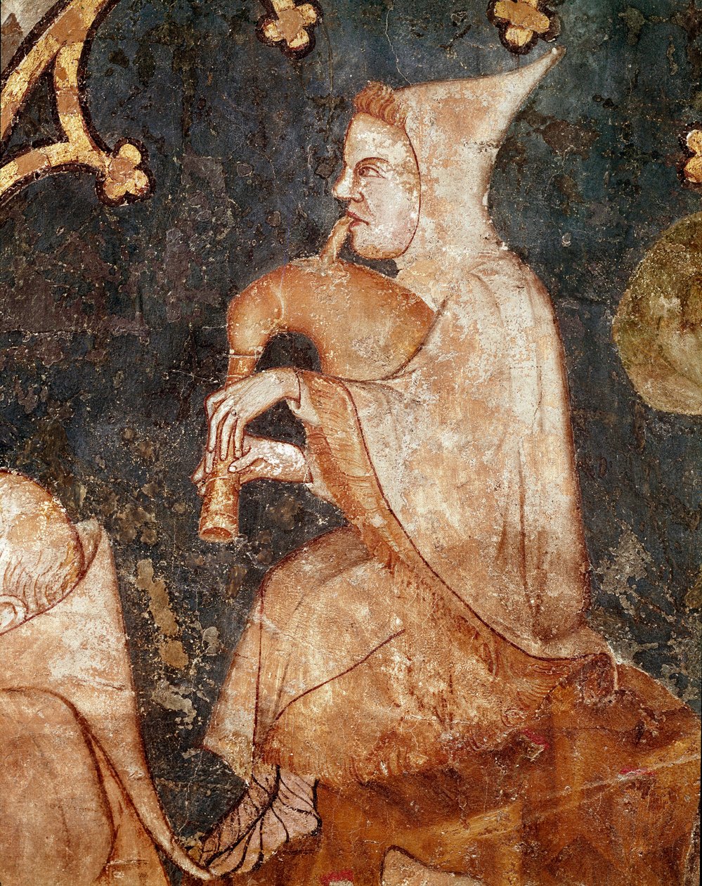 Gayda Detay üfleme çoban. 14. yüzyıl fresk. Navarre, Pamplona Olite (Navarre) Müzesi