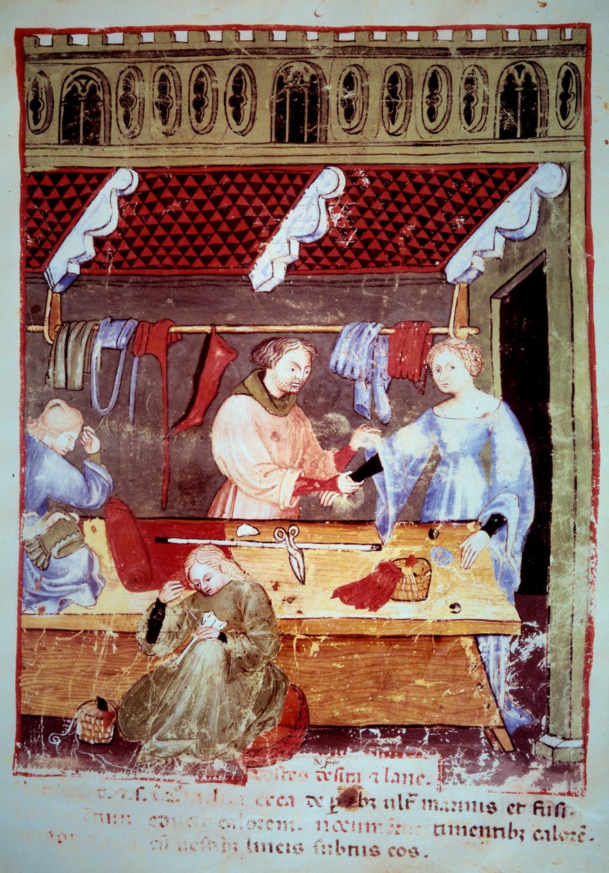 Dükkan ve dikiş atölyesi. İlaç ve diyetetik sağımlarından aydınlatma “” Tacuinum sanitatis”” by Unknown artist