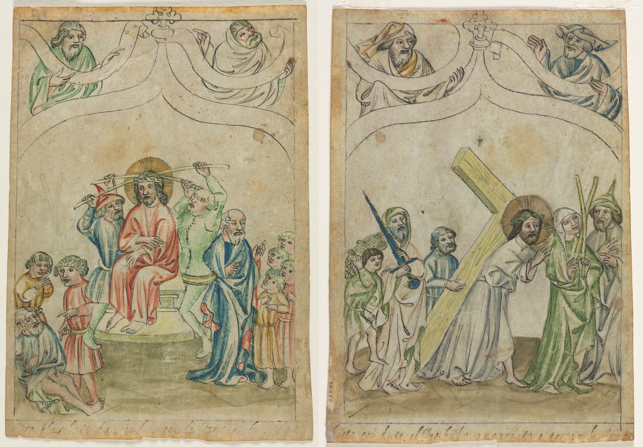 Bir "Biblia Pauperum"dan Tek Yaprak: Dikenlerle Taçlanan İsa (recto) Haçı Taşıyan İsa (verso) by Unknown artist