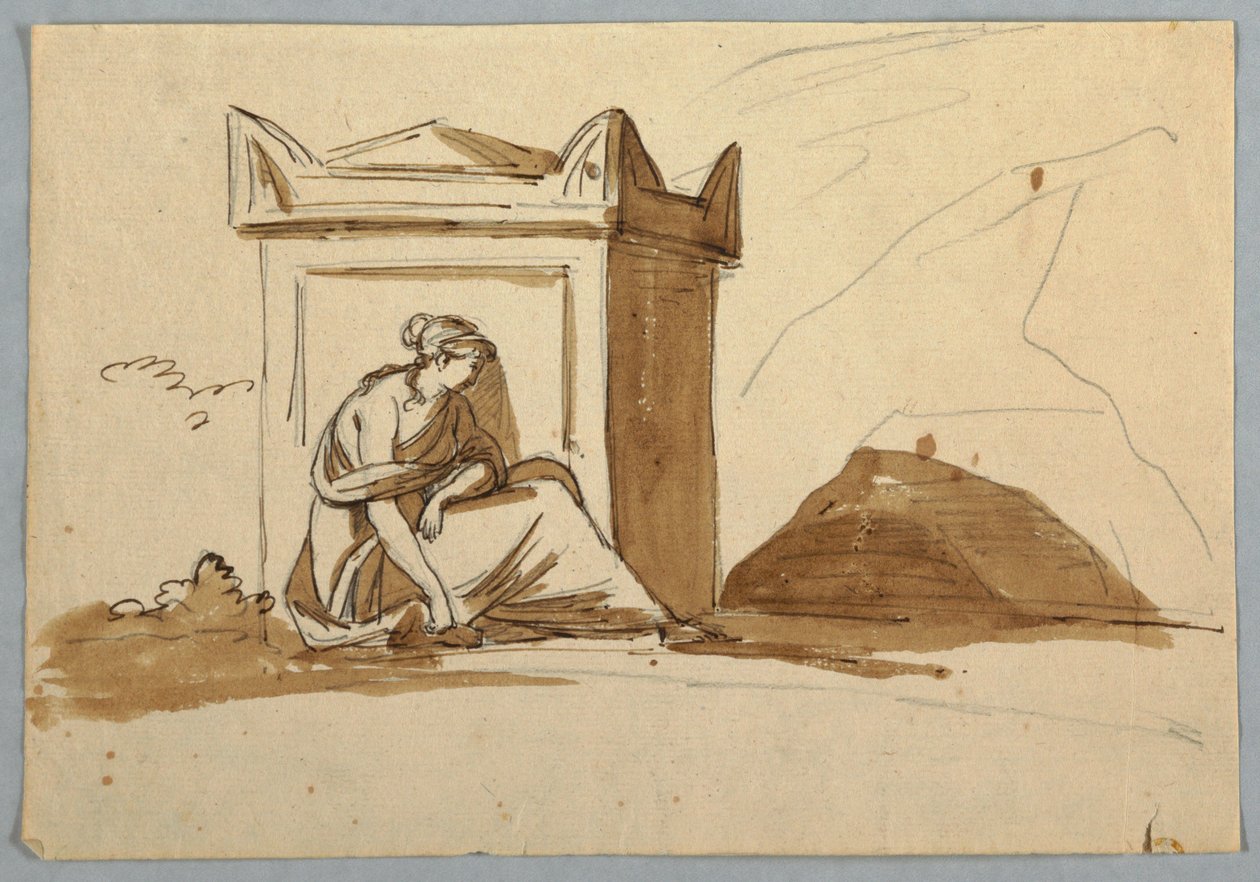 Eskiz: Antik bir lahitin önünde oturan bir kadın by Unknown artist
