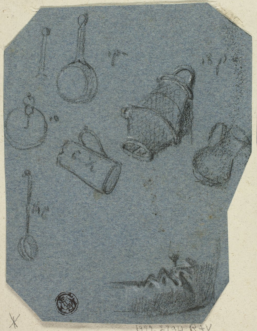 Mutfak Eşyaları Eskizleri, Bükülmüş Kol (recto); Tarihi Sahne (verso) by Unknown artist