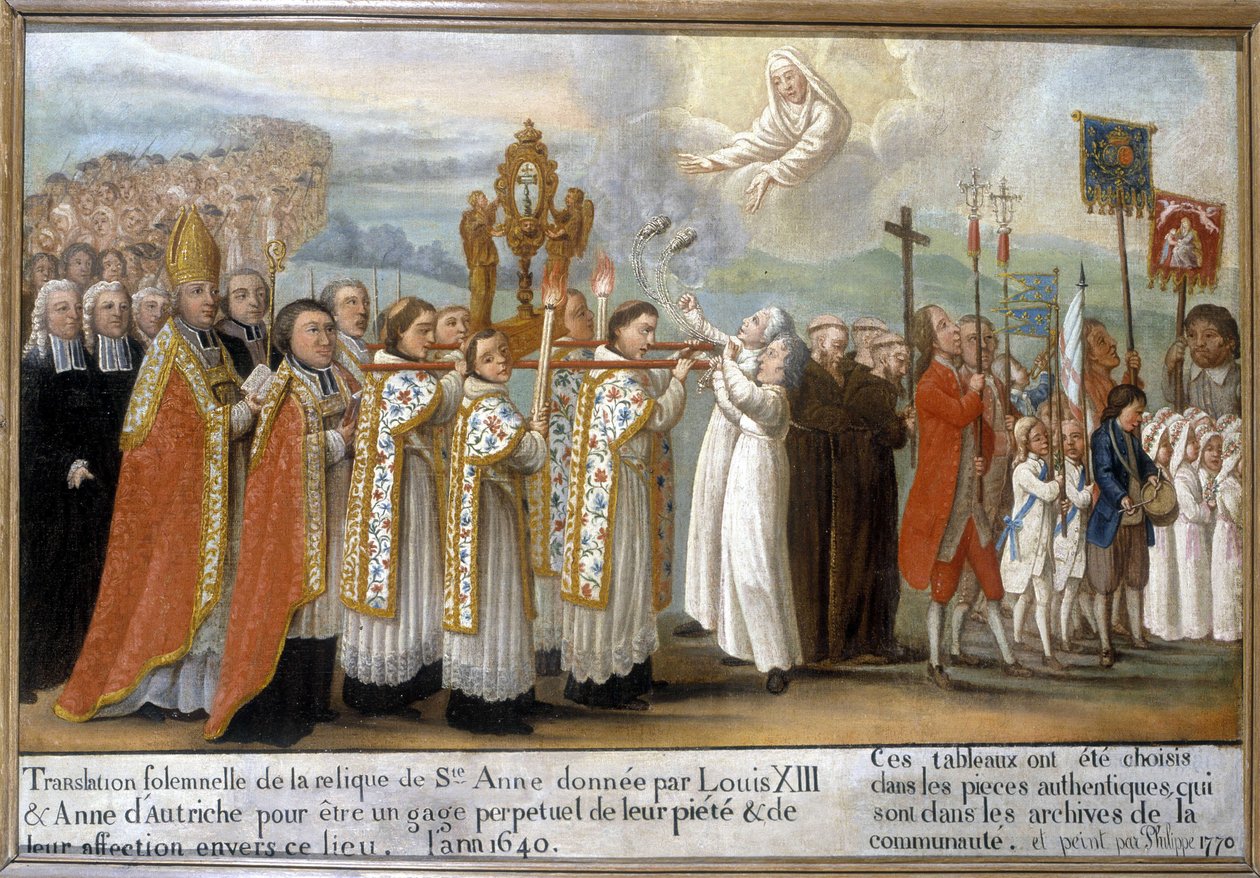 1640 yılında, Louis XIII ve Avusturyalı Anne tarafından bu yere olan dindarlıklarının ve sevgilerinin daimi bir taahhüdü olarak verilen Saint Anne kalıntısının ciddi çevirisi - Sainte-Anne d'Auray'ın Ex-Voto'su by Unknown artist