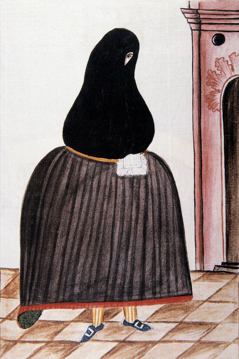 Yüzünü kaplayan bir şeyl giyen İspanyol kadın, "Trujillo del Peru" veya "Códice Martínez Compañón", Baltazar Martinez Compañón y Bujanda, Trujillo piskoposu (1782-1785) by Unknown artist