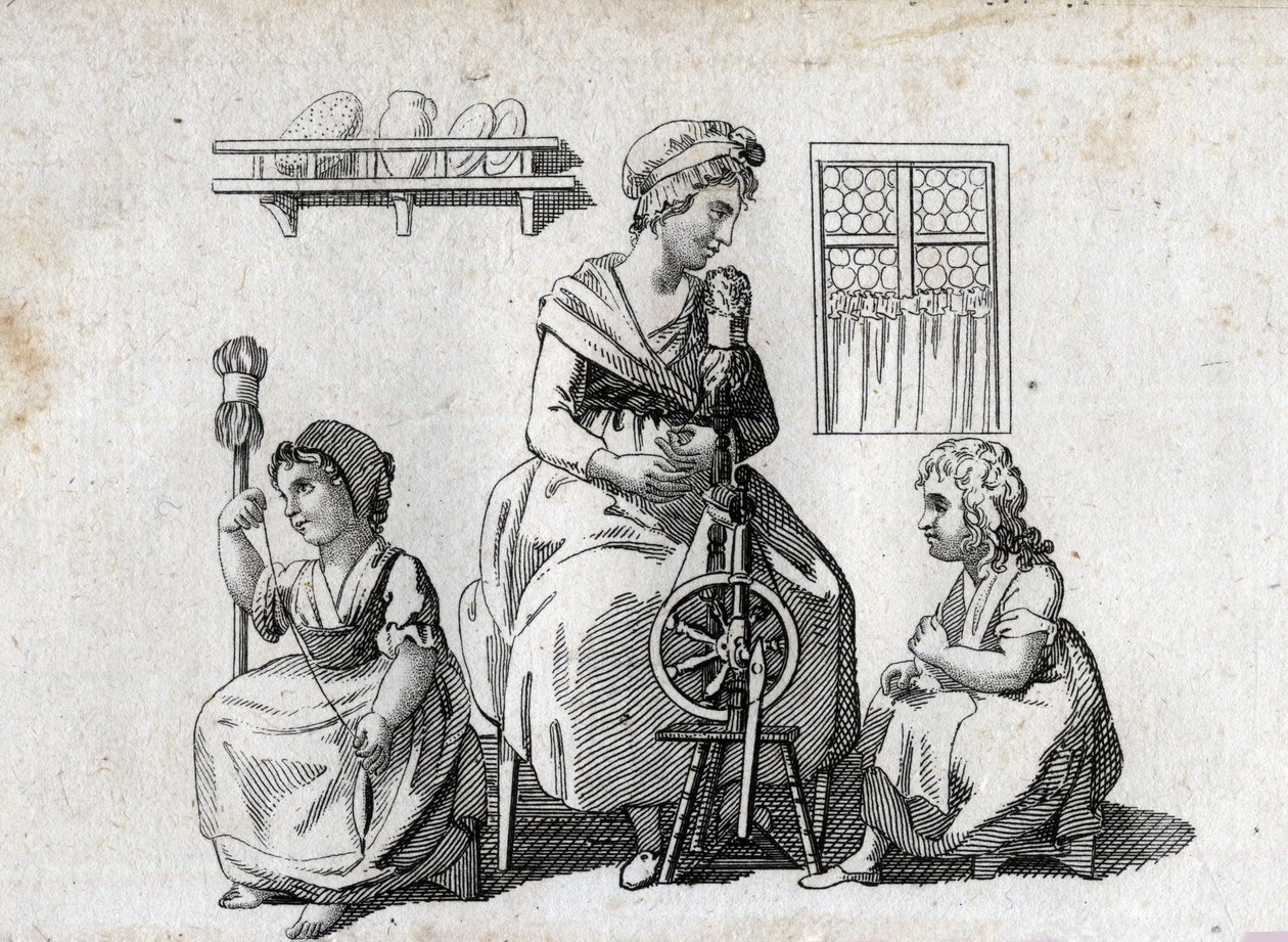 Eğirme: anne ve kızları yün eğirme. Kadın bir çıkrık kullanıyor ve kızı bir uzun kuyruk kullanıyor. 18. yüzyılın son gravürü. Özel koleksiyon. by Unknown artist
