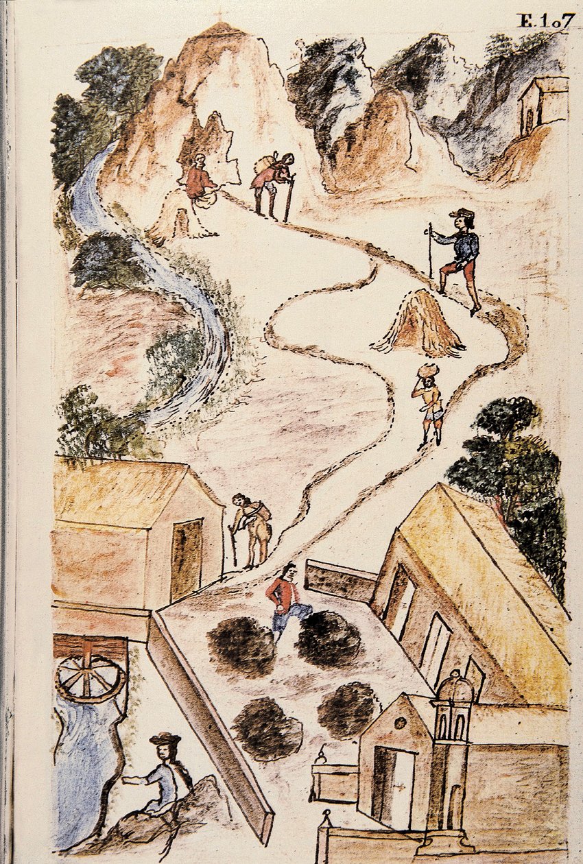 Trujillo piskoposu Baltazar Martinez Compañón y Bujanda'nın "Trujillo del Peru" veya "Códice Martínez Compañón" kitabından madenlerden yüklere metal üretiminin aşamaları (1782-1785) by Unknown artist