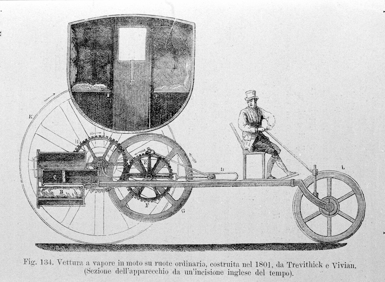 1801 yılında Trevithick ve Vivian tarafından inşa edilen sıradan üzerine monte edilmiş buharlı araba. 19. yüzyılın gravürü. by Unknown artist