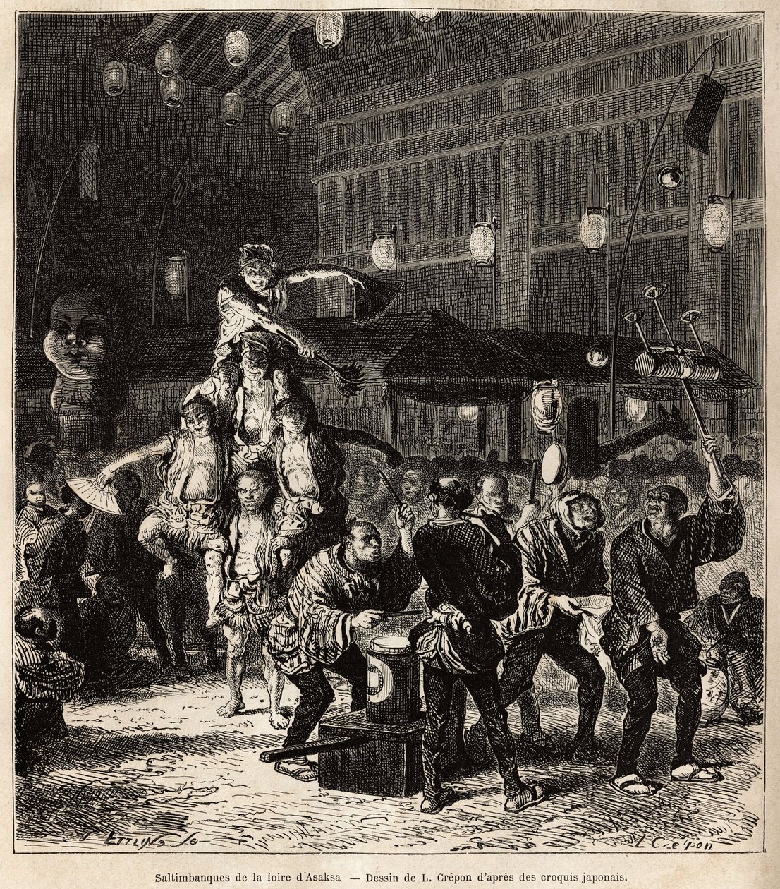 Sokak saltimleri: Tokyo Tapınağı'ndaki yıllık Asaksa Fuarı'nda gece performanslarında hokkabazlar, dengeleyiciler ve akrobatlar. 1863-1864'te İsviçre Konfederasyonu bakanı Aime Humbert tarafından Japonya'ya yapılan yolculuğu göstermek için  by Unknown artist
