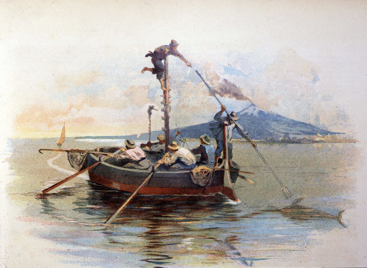 Sicilya'daki Messina Detroit'te kılıç balığı zıpkın balıkçılığı. Suluboya 1898 by Unknown artist