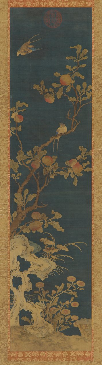 Goblen: mavi bir zemin üzerinde kuşlar, şeftali ağacı, kayalar ve çiçekler by Unknown artist