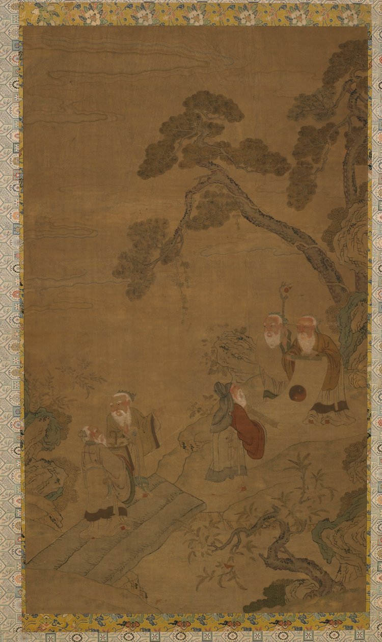 Goblen: çamların altındaki bir bahçede beş bilge by Unknown artist