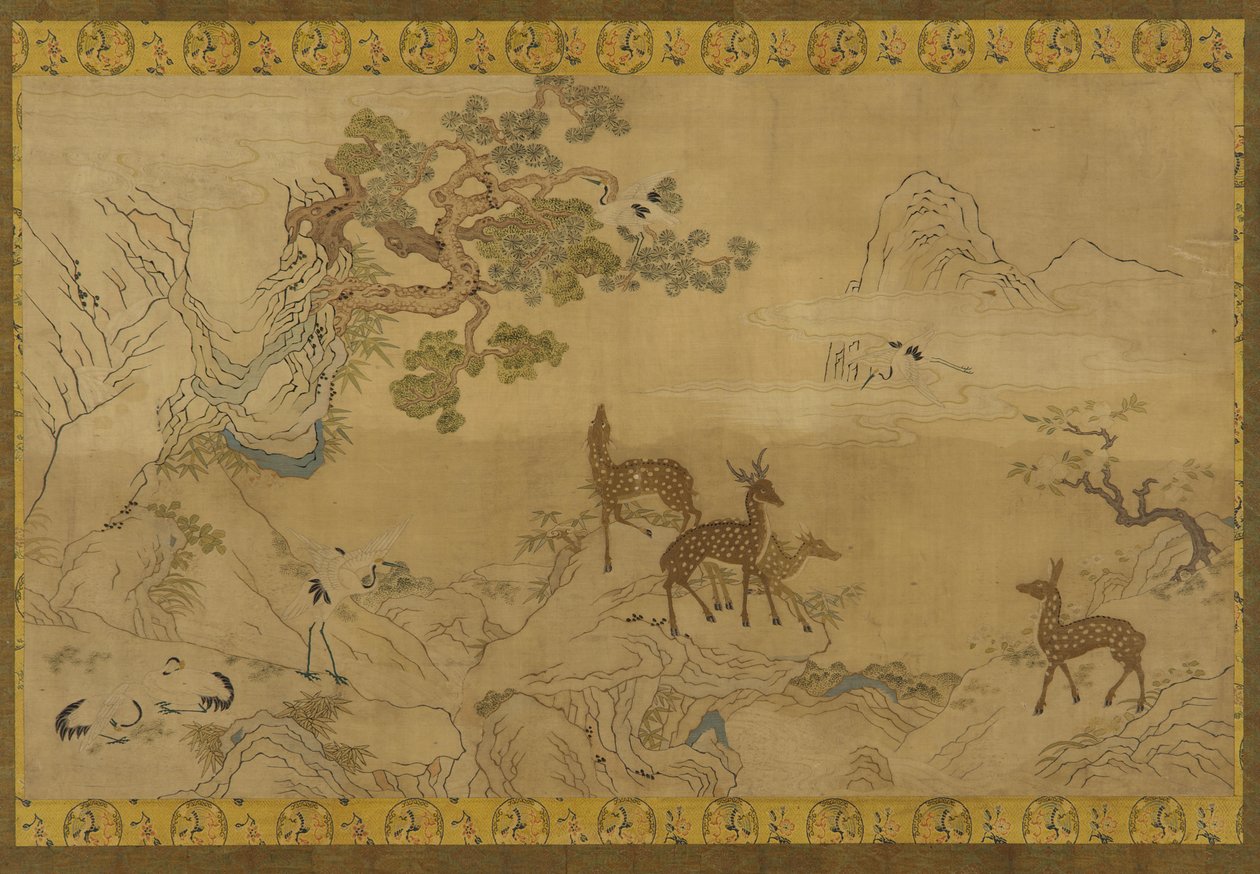 Goblen: geyik, leylek, çam ve şeftali ağacı ile manzara by Unknown artist