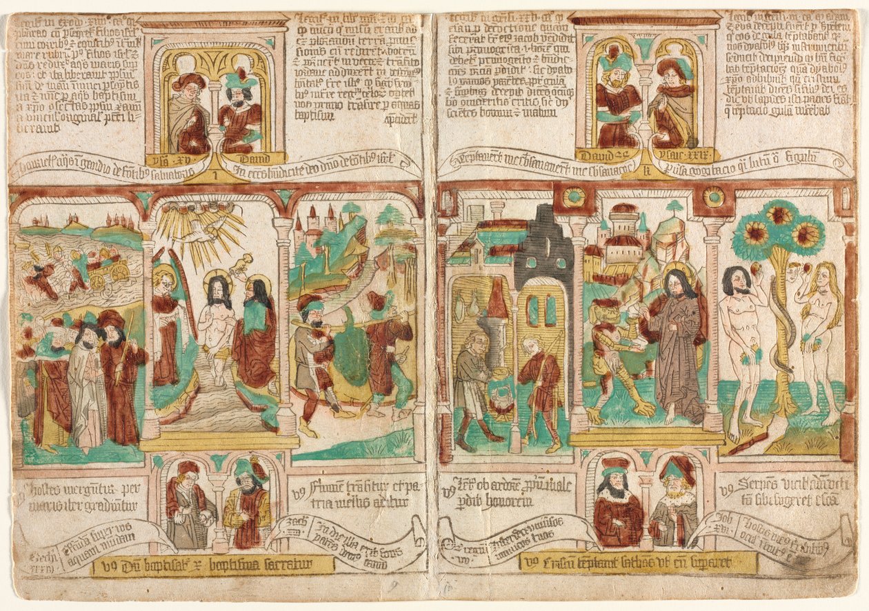 Yoksulların İncili (Biblia Pauperum), Firavun'un Kızıldeniz'de Boğulan Ordusu; İsa'nın Vaftizi; ve Musa'nın Canaan'dan Üzümlerle Dönen Casusları Esav Yakup'a Doğuştan Hakkını Satıyor; İsa'nın Günaha; ve Adem ve Havva'nın Aya by Unknown artist
