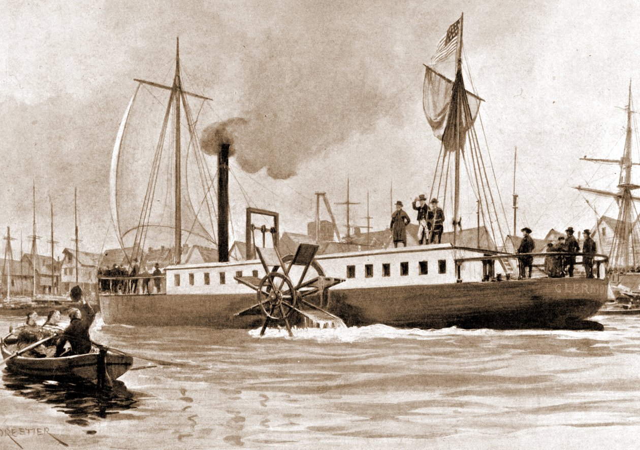 Clermont, 1807 yılında Robert Fulton (1765 - 1815) tarafından Hudson Nehri üzerinde New York - Albany bağlantısını sağlamak için inşa edilmiş bir tekne. 19. yüzyıl gravür. by Unknown artist