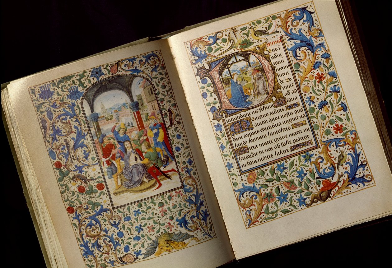 Omurgaların Taç Giymesi 15. yüzyılın sonları Osterreichische Nationalbibliothek Viyana "" Mary of Burgundy (1457-1482)" (Kod. 1857) kitabının açık el yazmasının çift sayfası by Unknown artist