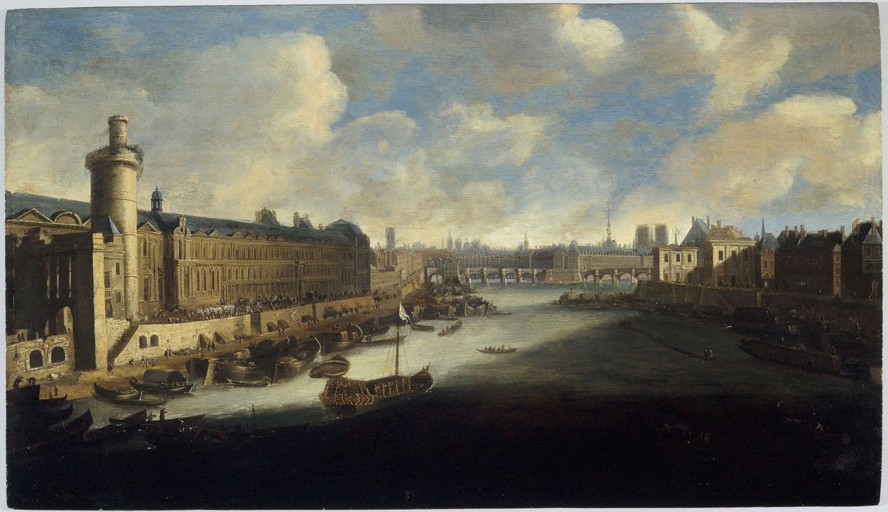 Porte Neuve, Pont-Neuf, Cité, yapım aşamasındaki Collège des Quatres-Nations ve Quai Malaquais ile Louvre
