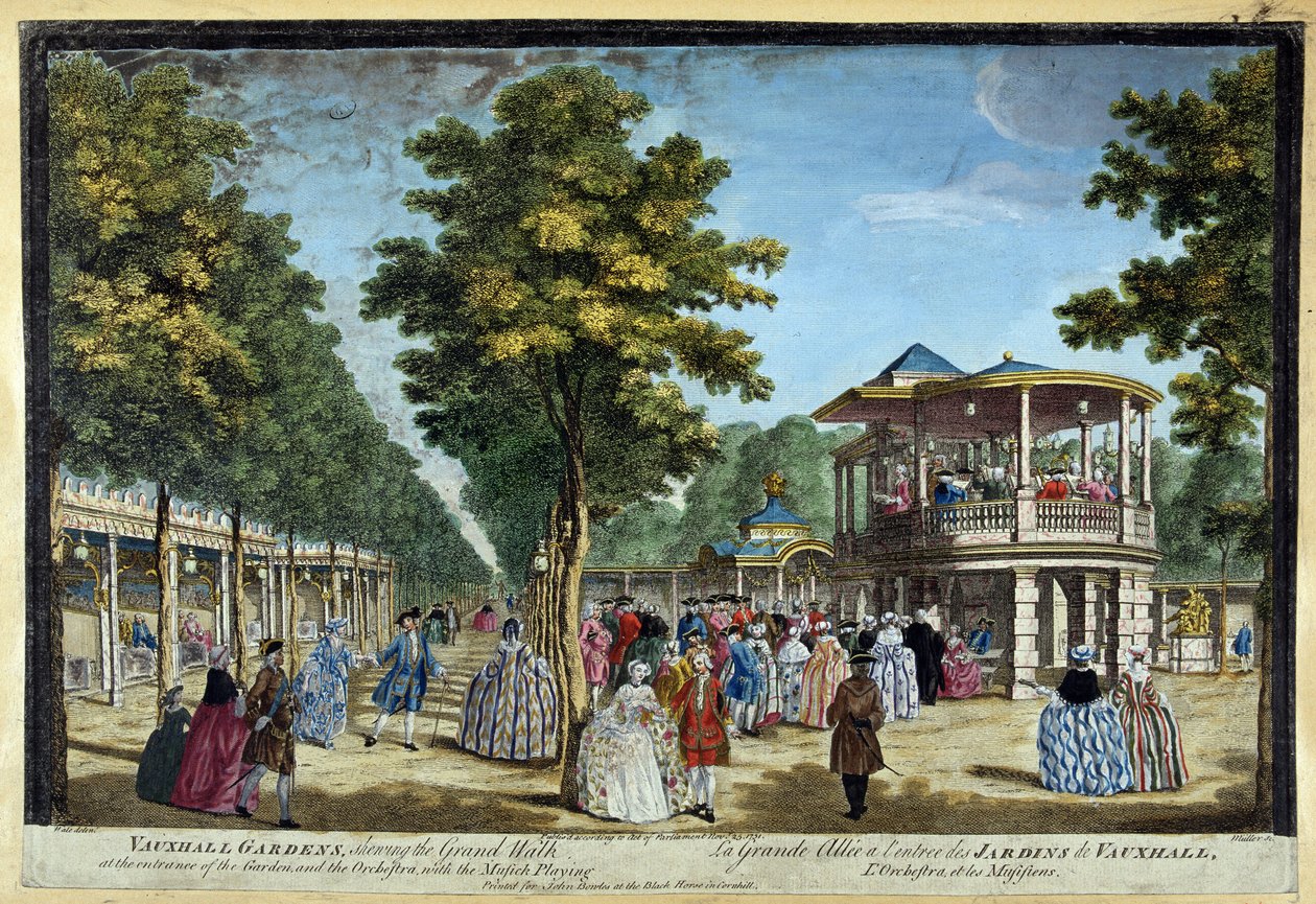 Vauxhall bahçelerinin girişindeki Grande sokağı by Unknown artist