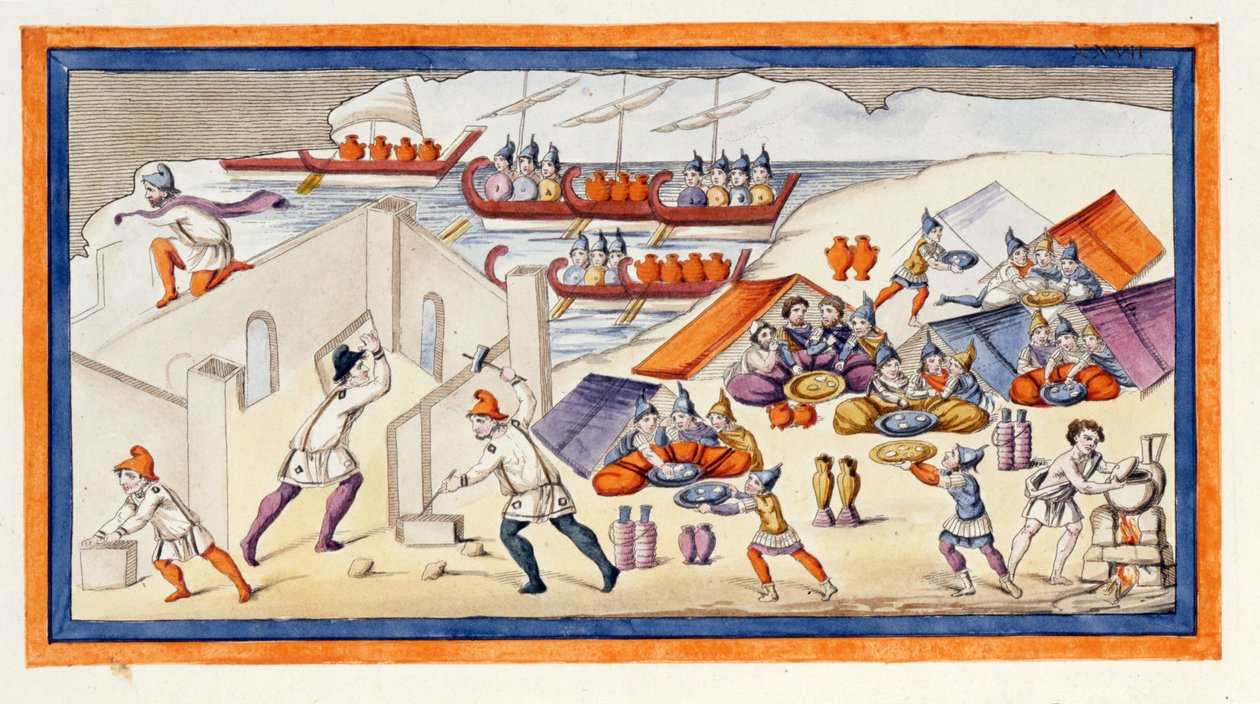 Yunanlılar kışlalarını ve gemilerini korumak için bir siper kazmaya başladılar. İlyada. Şarkı VII. 18. yüzyılın sonundan gravür. by Unknown artist