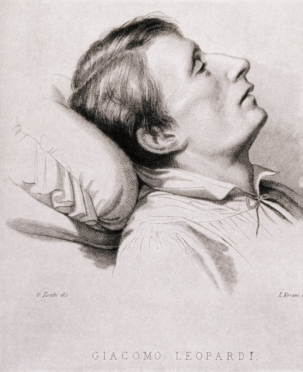 İtalyan şair Giacomo Leopardi (1798-1837) ölüm döşeğinde. 19. yüzyıl gravürü by Unknown artist