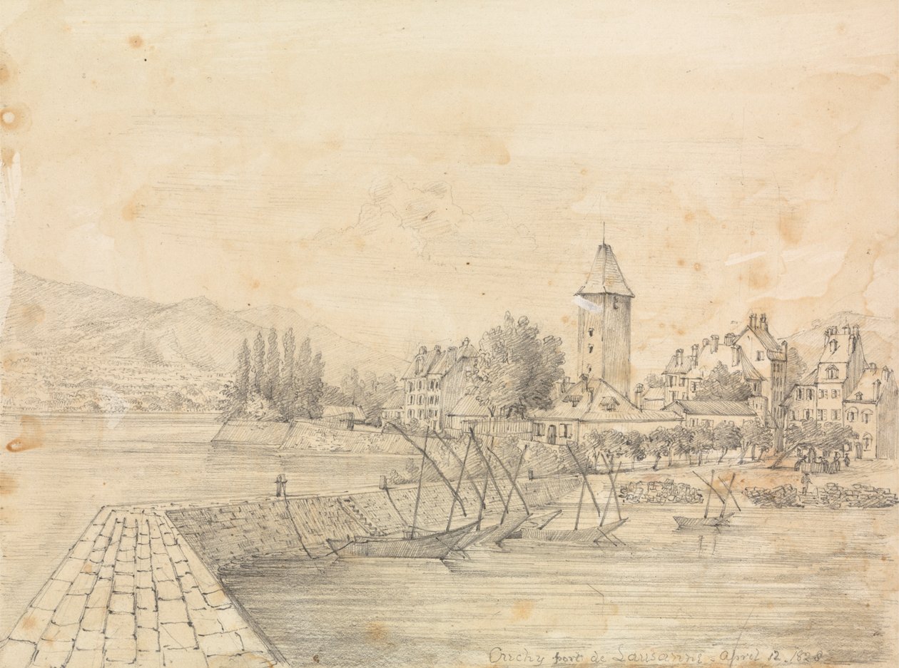 Ouchy Limanı; şapkalı iki kadının grafit çalışması by Unknown artist