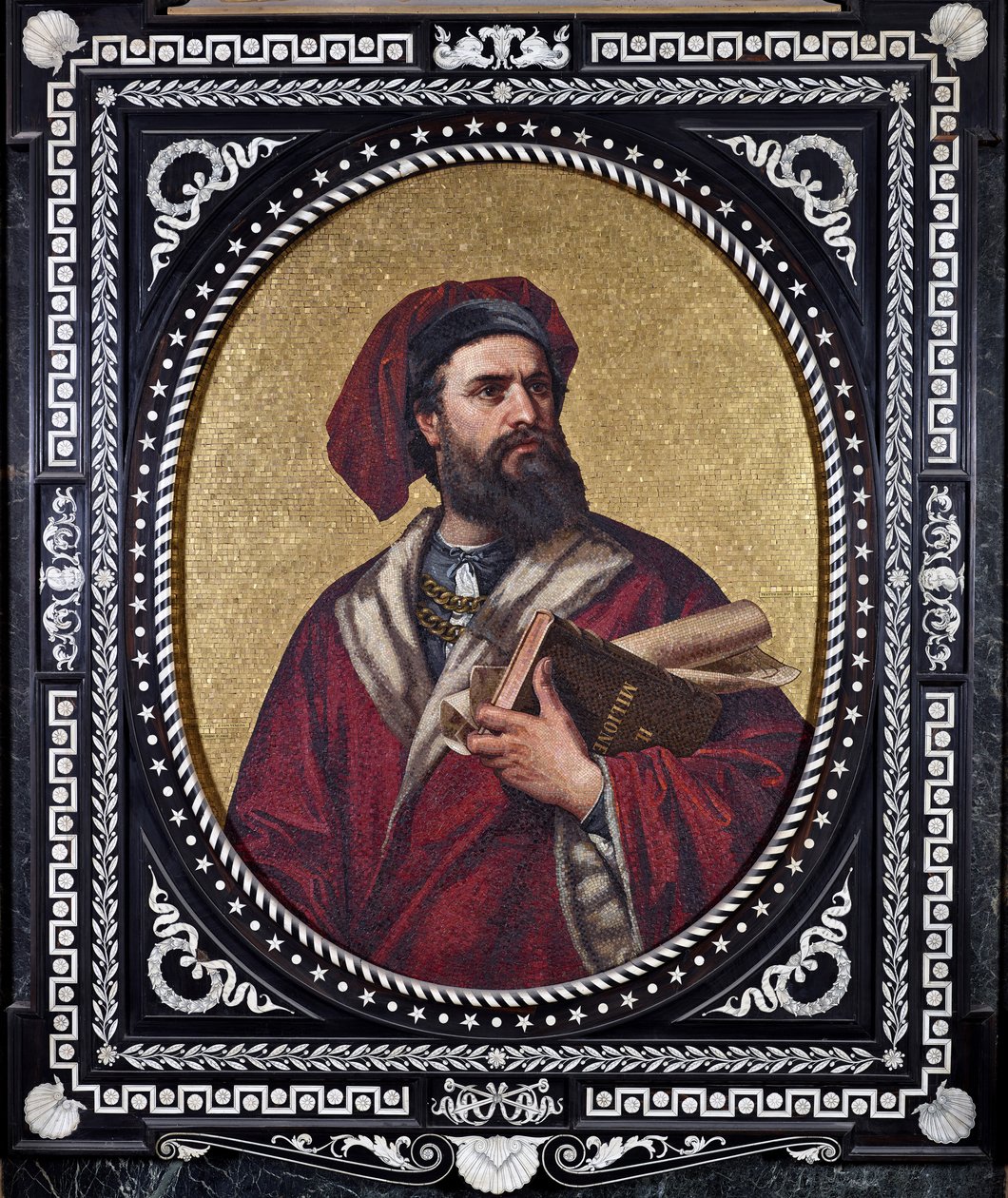 Venedikli kaşif Marco Polo, kolunun altında “Harikalar Kitabı” adlı eseri tutarken seyahatlerinin izini sürüyor. by Unknown artist